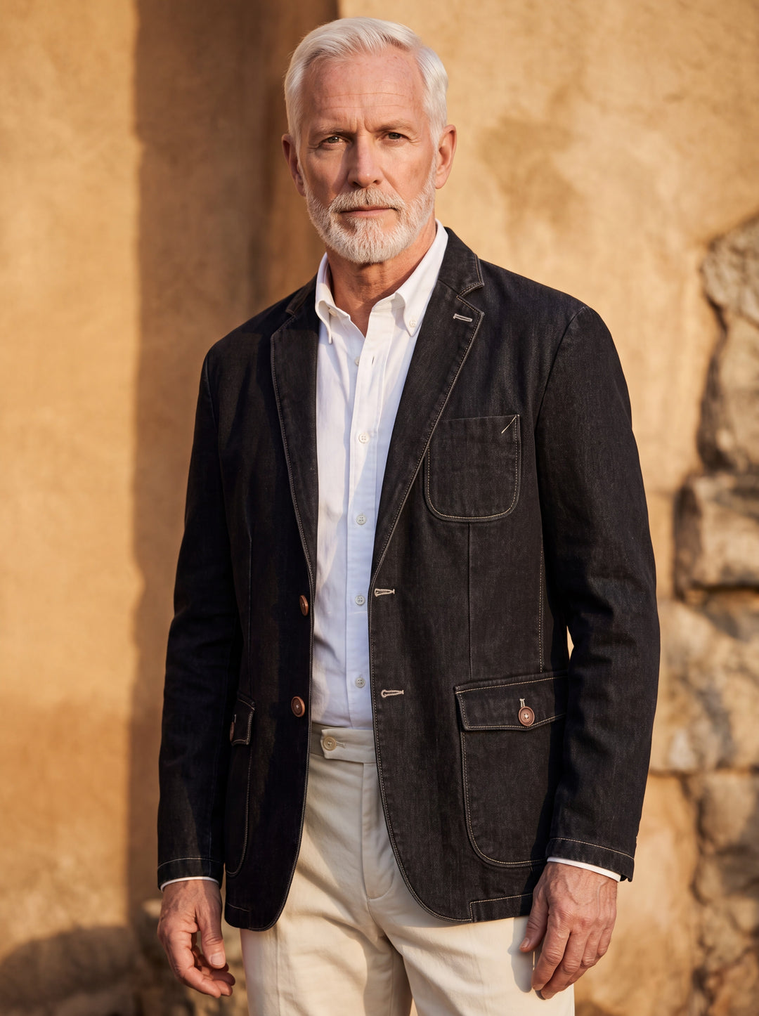 Milton blazer in Black, worn by a model in a Mediterranean setting - Gentlemens Manor lifestyle