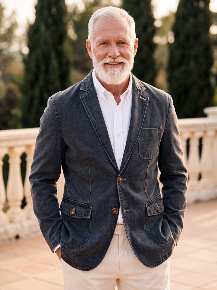 Milton blazer in Grey, worn by a model in a Mediterranean setting - Gentlemens Manor lifestyle