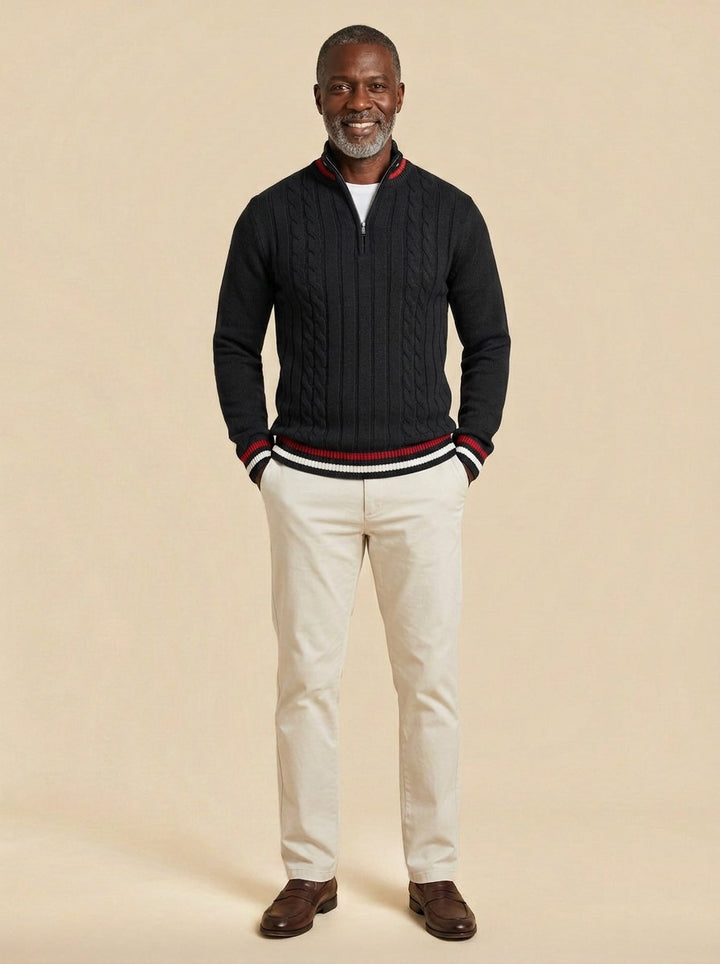 Mitchell cable knit half zip sweater in Black, studio, Gentlemens Manor