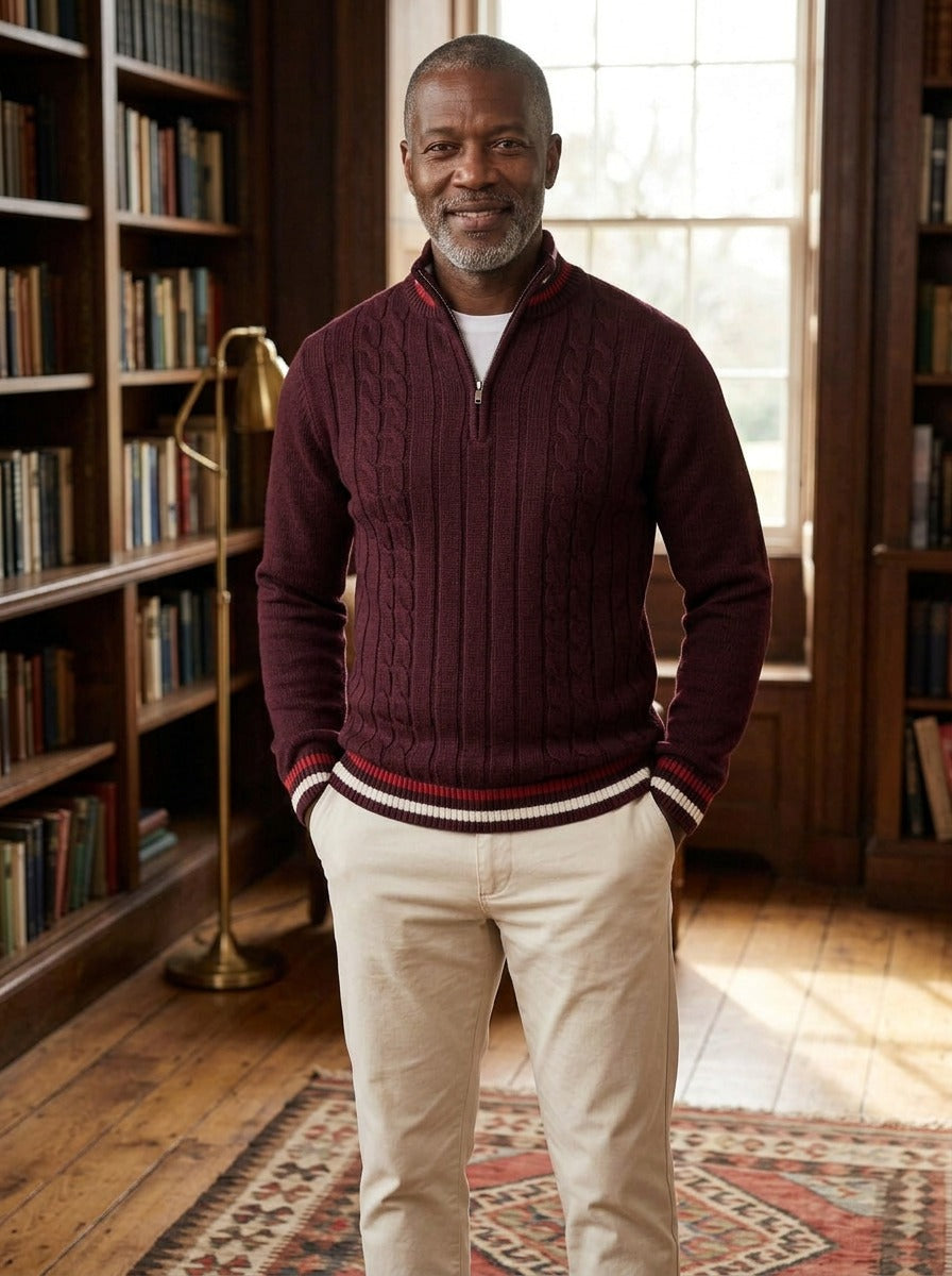 Mitchell cable knit half zip sweater in Burgundy, lifestyle, Gentlemens Manor