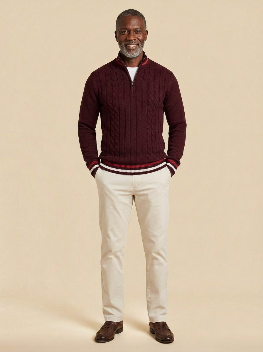 Mitchell cable knit half zip sweater in Burgundy, studio, Gentlemens Manor