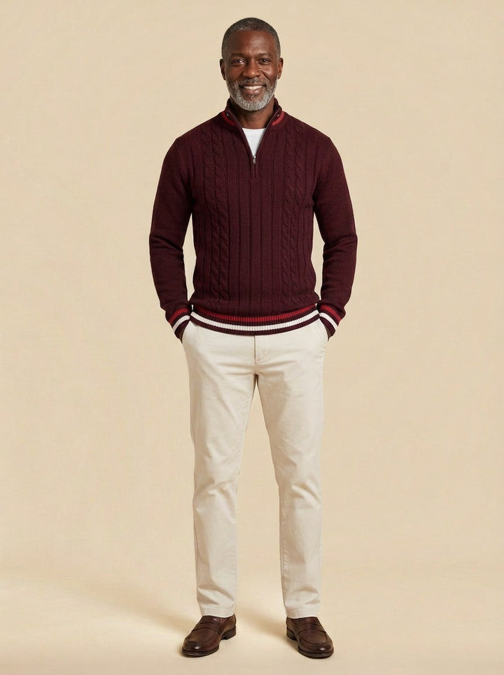 Mitchell cable knit half zip sweater in Burgundy, studio, Gentlemens Manor