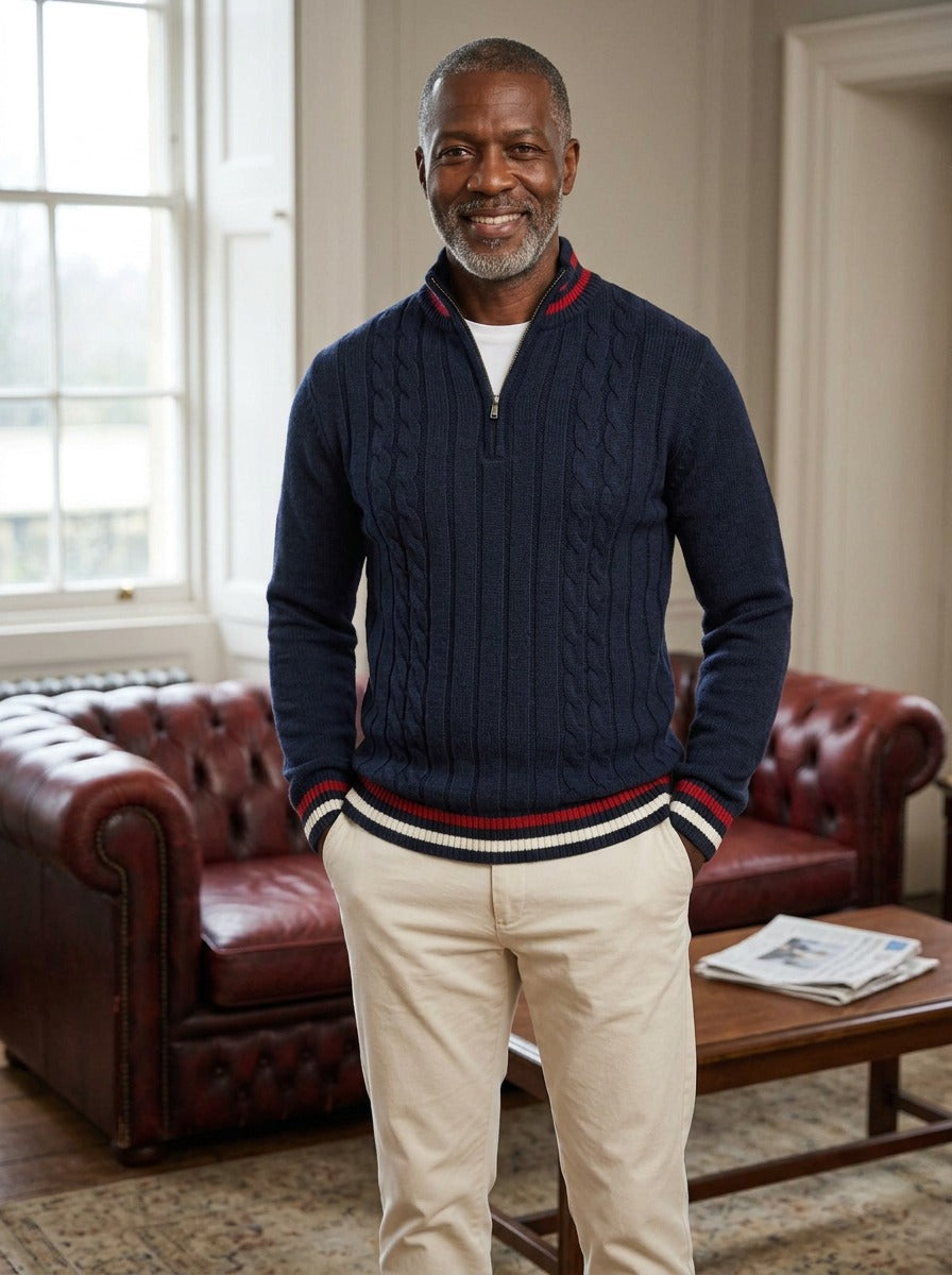 Mitchell cable knit half zip sweater in Navy, lifestyle, Gentlemens Manor