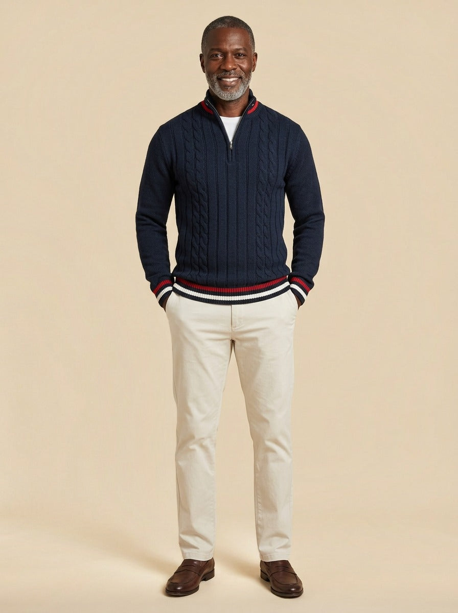 Mitchell cable knit half zip sweater in Navy, studio, Gentlemens Manor