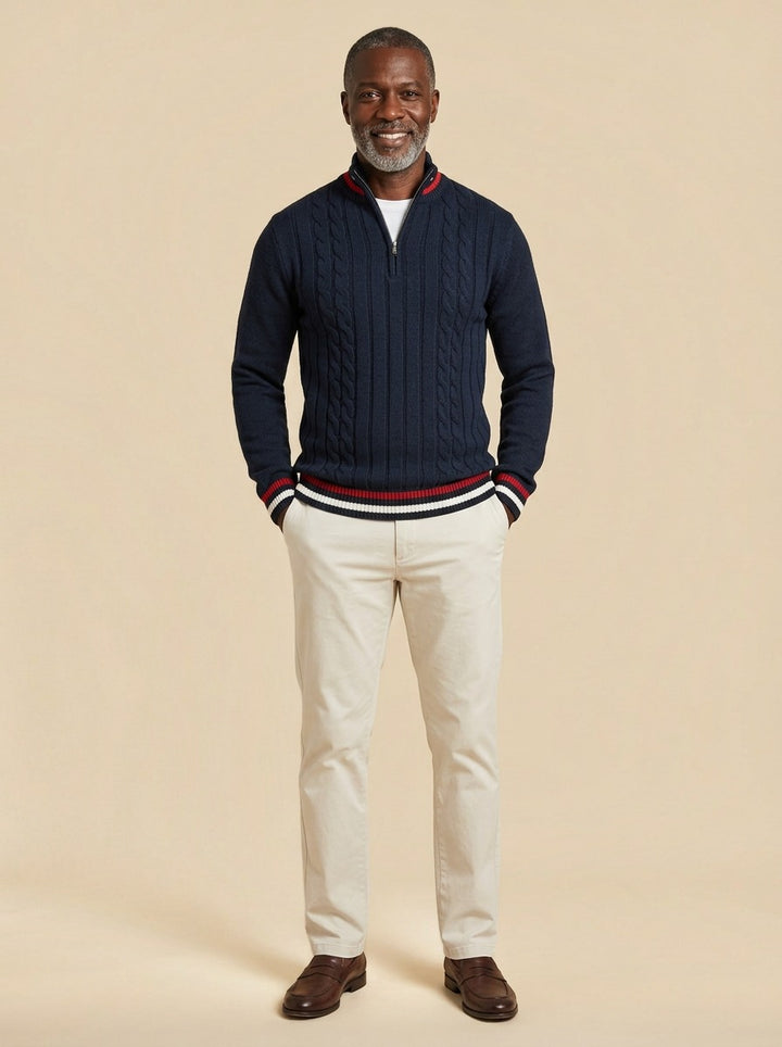 Mitchell cable knit half zip sweater in Navy, studio, Gentlemens Manor