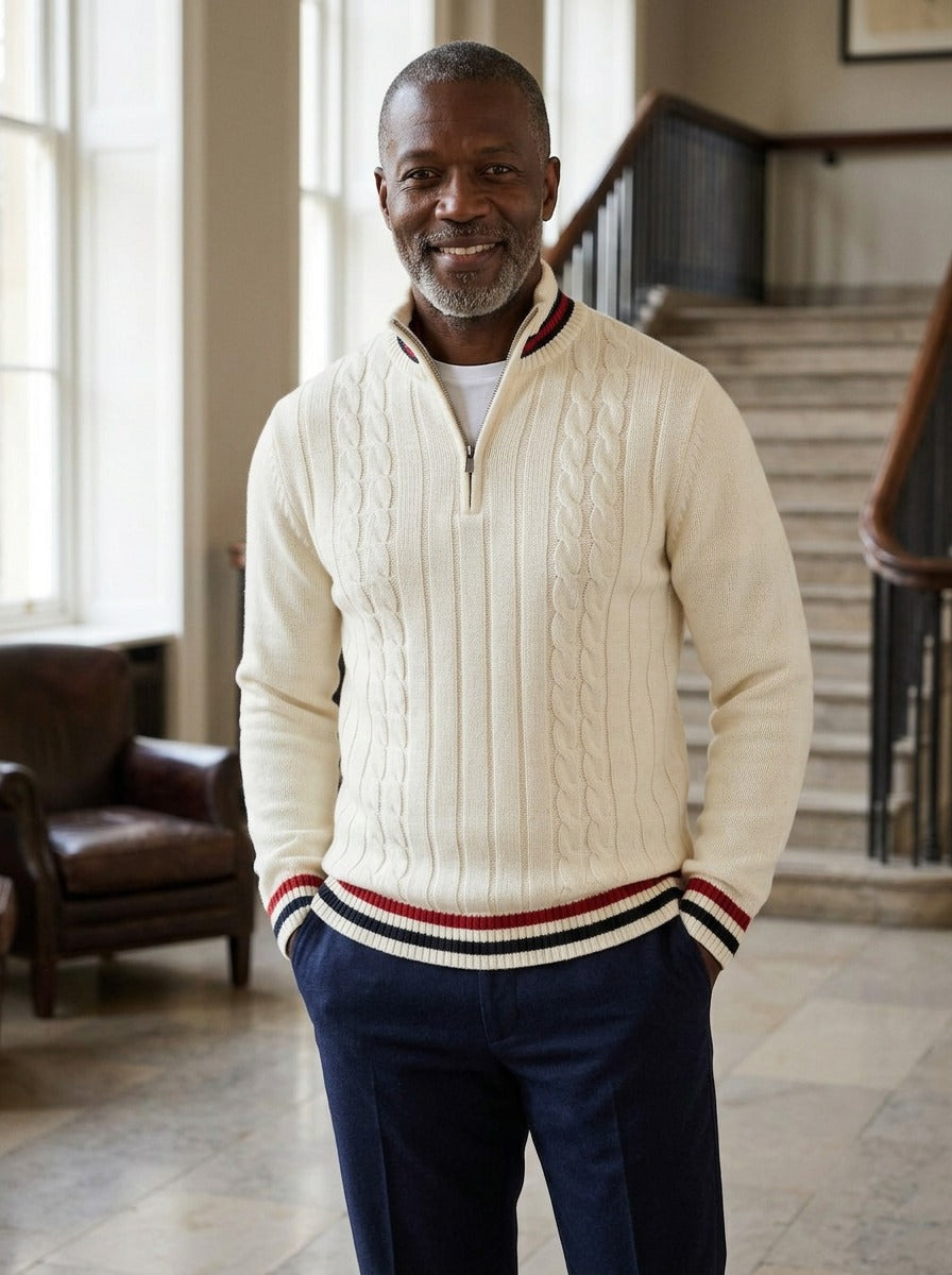 Mitchell cable knit half zip sweater in White, lifestyle, Gentlemens Manor