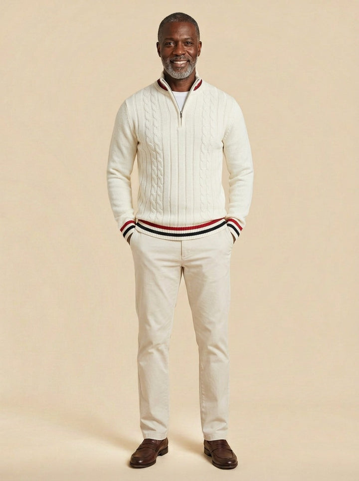 Mitchell cable knit half zip sweater in White, studio, Gentlemens Manor