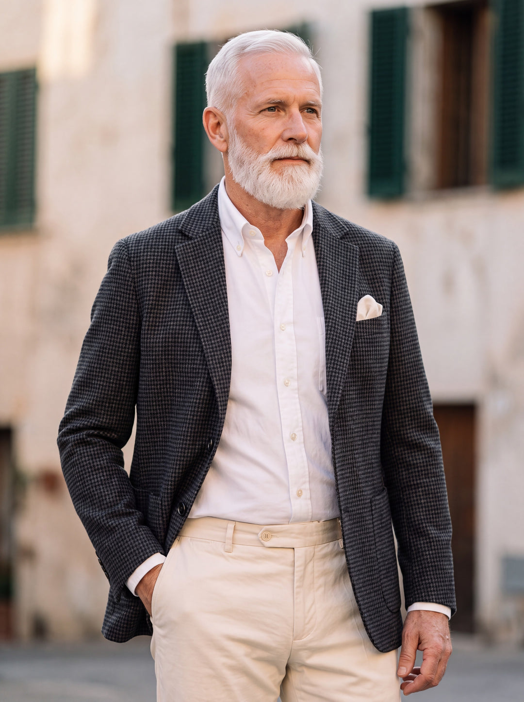 Monroe blazer in Grey, worn by a model in a Mediterranean setting - Gentlemens Manor lifestyle