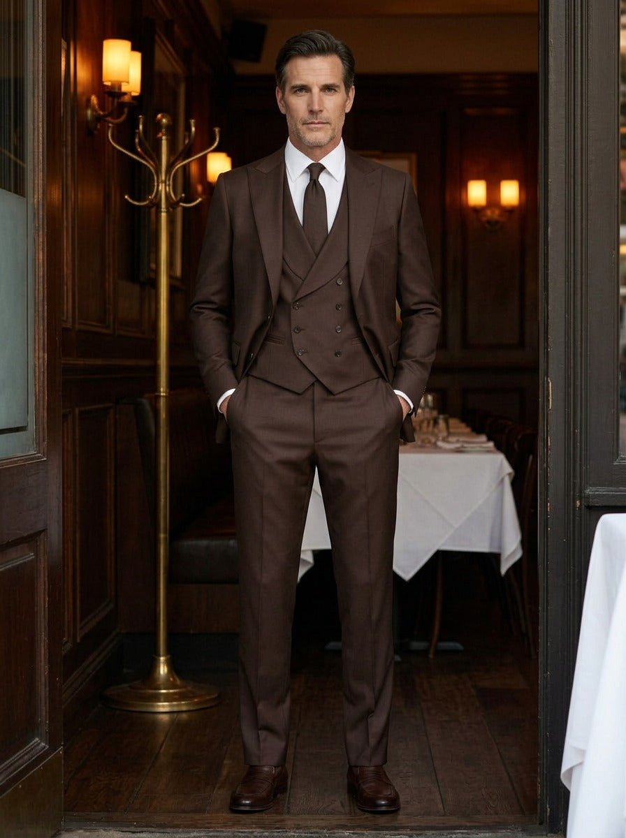 Montague three piece suit in Dark Brown, lifestyle, Gentlemens Manor