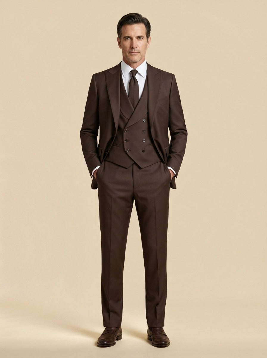Montague three piece suit in Dark Brown, studio, Gentlemens Manor