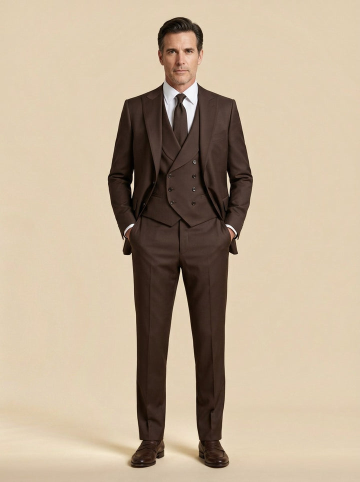 Montague three piece suit in Dark Brown, studio, Gentlemens Manor
