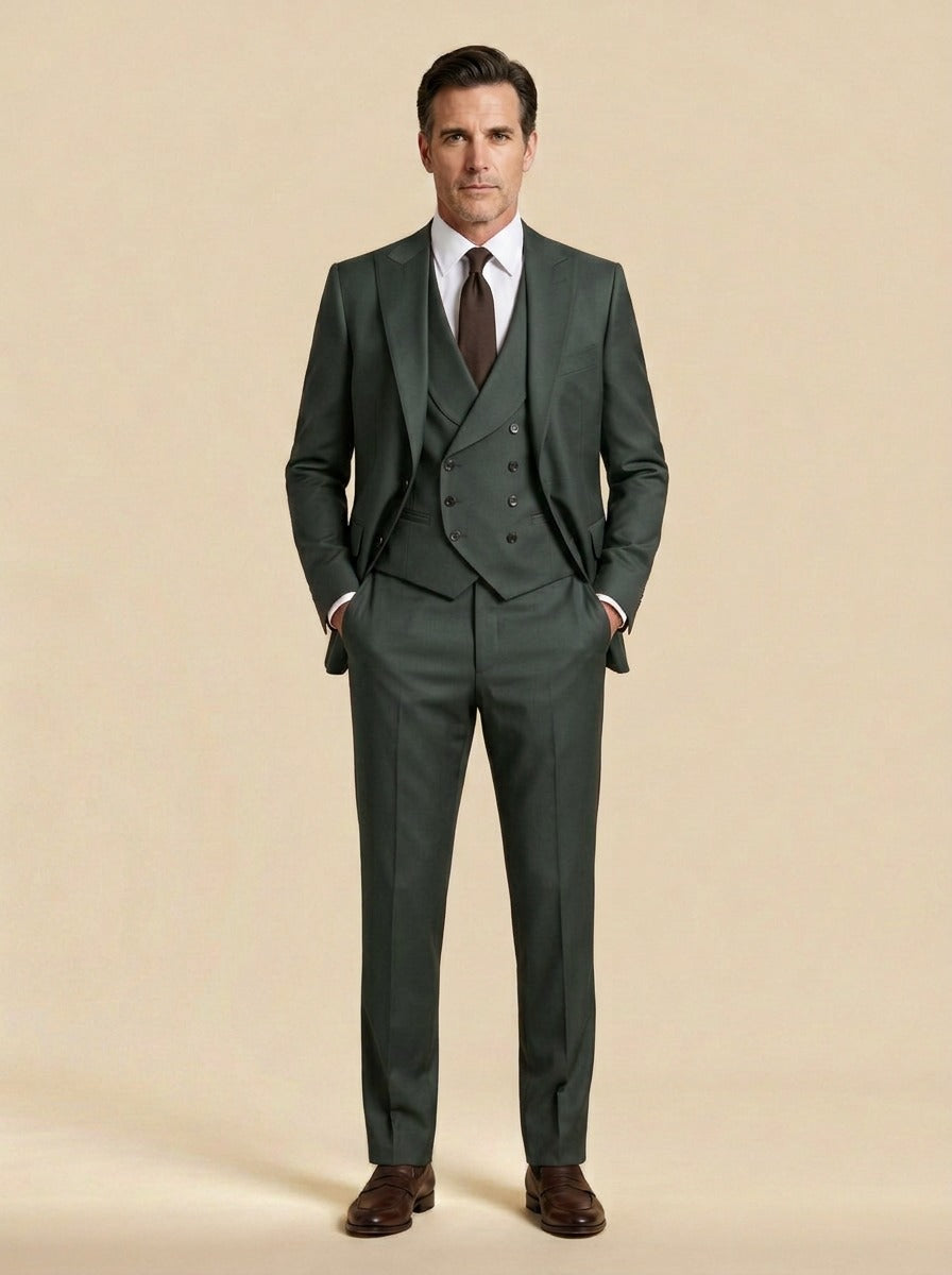 Montague three piece suit in Green, studio, Gentlemens Manor