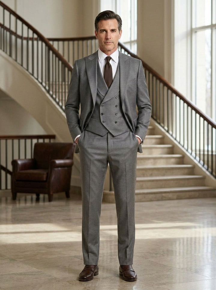 Montague three piece suit in Grey, lifestyle, Gentlemens Manor
