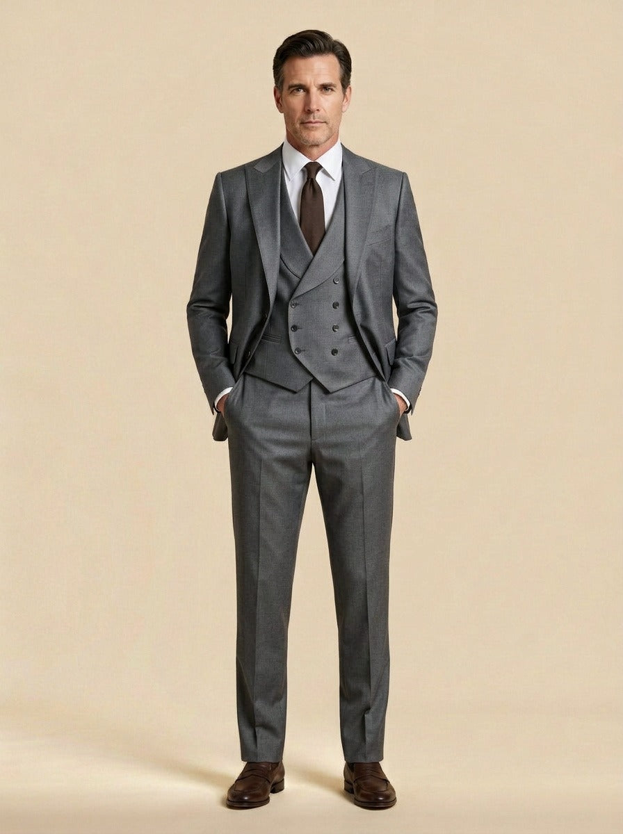 Montague three piece suit in Grey, studio, Gentlemens Manor