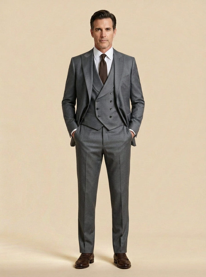 Montague three piece suit in Grey, studio, Gentlemens Manor