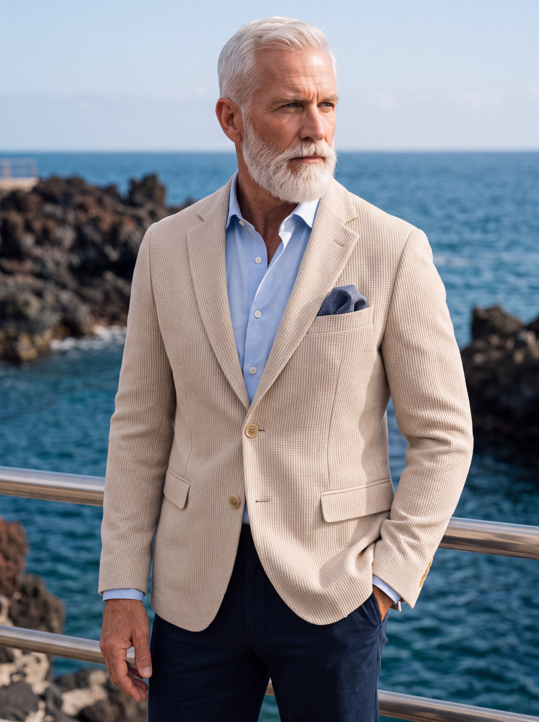 Montgomery blazer in Beige, worn by a model in a Mediterranean setting - Gentlemens Manor lifestyle