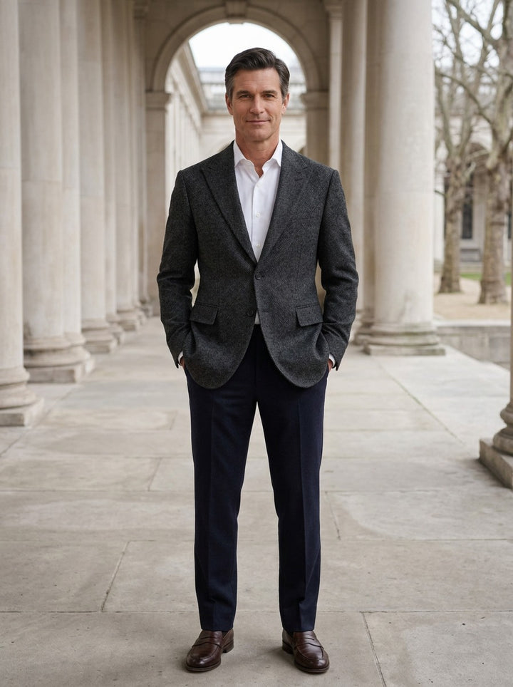 Montrose peak lapel tweed blazer in Charcoal, lifestyle in a stone colonnade, Gentlemens Manor