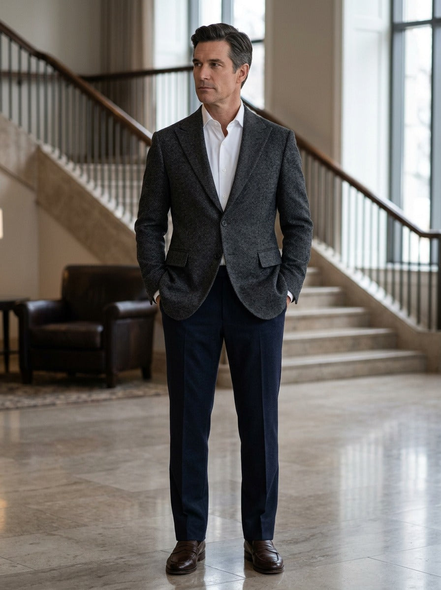 Montrose peak lapel tweed blazer in Charcoal, lifestyle in a hotel lobby, Gentlemens Manor