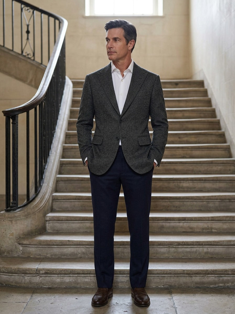 Montrose peak lapel tweed blazer in Charcoal, lifestyle on a civic stone staircase, Gentlemens Manor