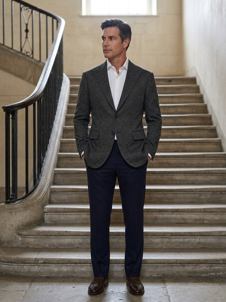 Montrose peak lapel tweed blazer in Charcoal, lifestyle on a civic stone staircase, Gentlemens Manor