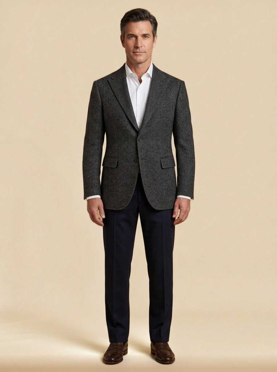 Montrose peak lapel tweed blazer in Charcoal, studio, Gentlemens Manor