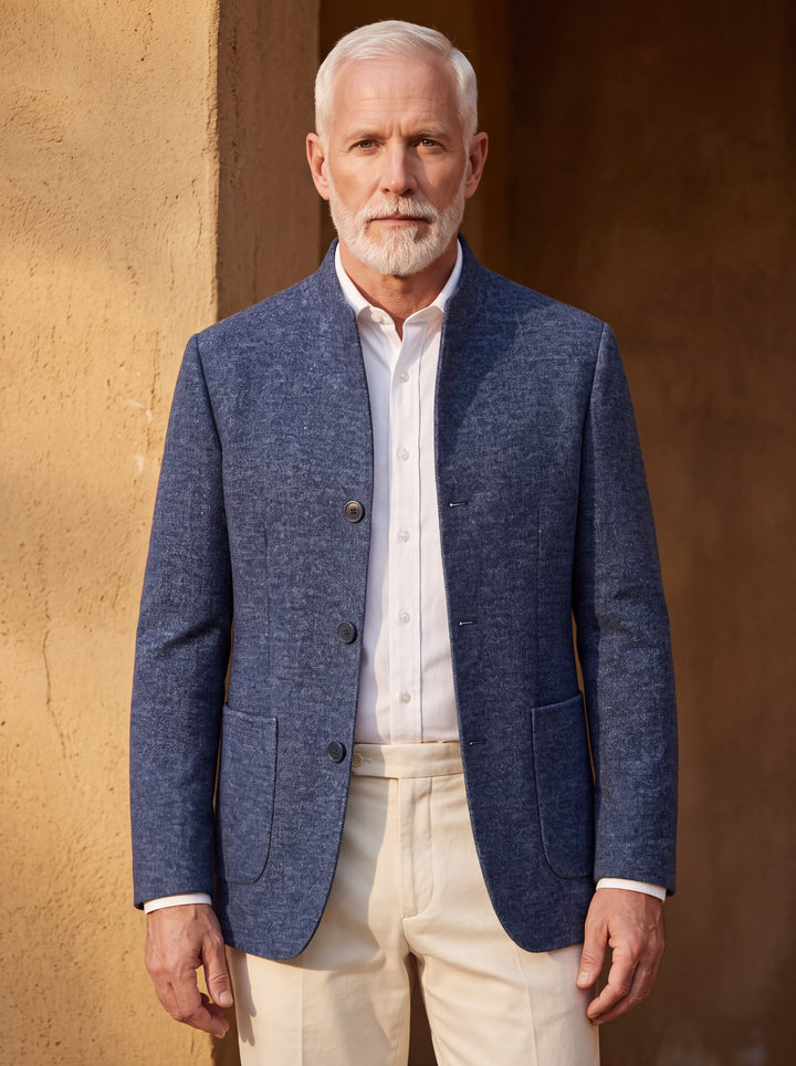 Morgan blazer in Blue, worn by a model in a Mediterranean setting - Gentlemens Manor lifestyle