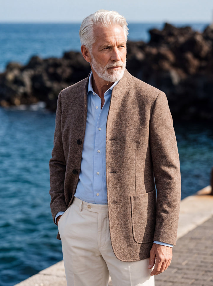 Morgan blazer in Brown, worn by a model in a Mediterranean setting - Gentlemens Manor lifestyle
