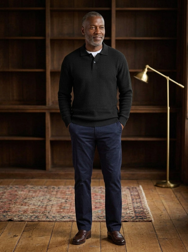 Morley waffle knit polo sweater in Black, lifestyle in a private study, Gentlemens Manor