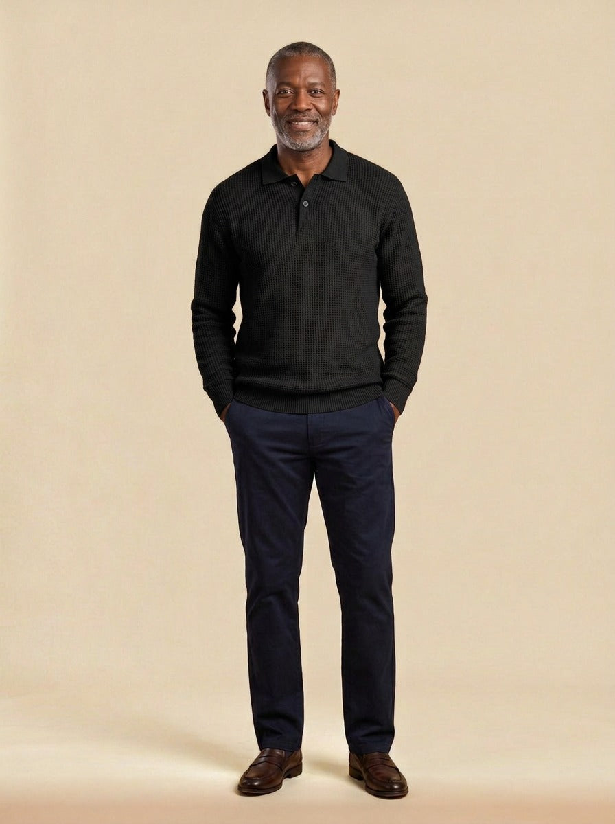 Morley waffle knit polo sweater in Black, studio, Gentlemens Manor