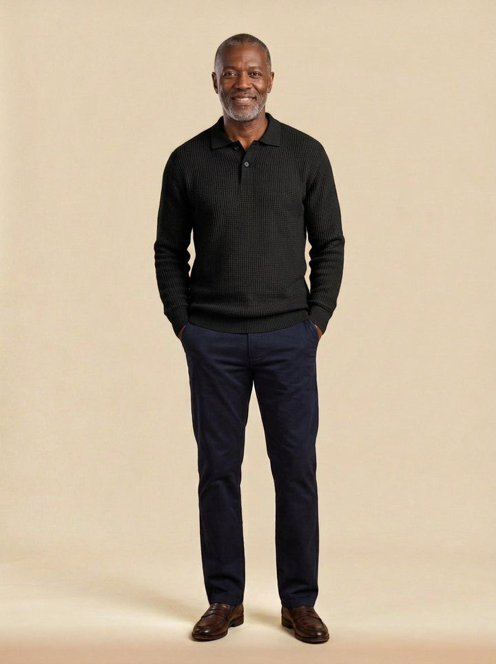 Morley waffle knit polo sweater in Black, studio, Gentlemens Manor