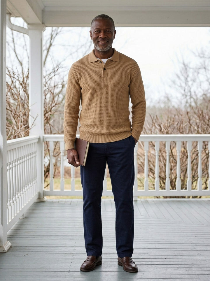 Morley waffle knit polo sweater in Camel, lifestyle on a covered porch, Gentlemens Manor