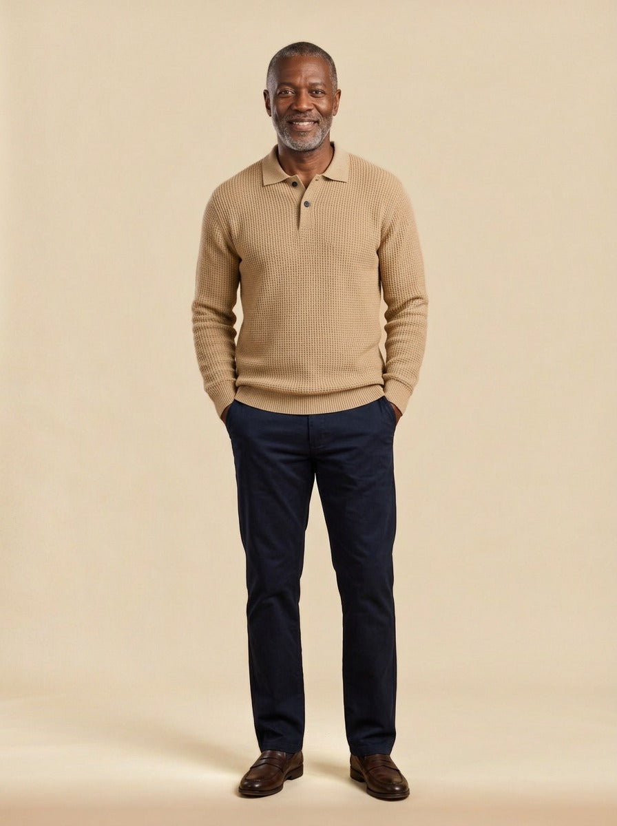 Morley waffle knit polo sweater in Camel, studio, Gentlemens Manor
