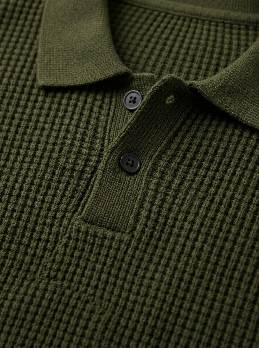 Morley waffle knit polo sweater, fabric close up, Gentlemens Manor