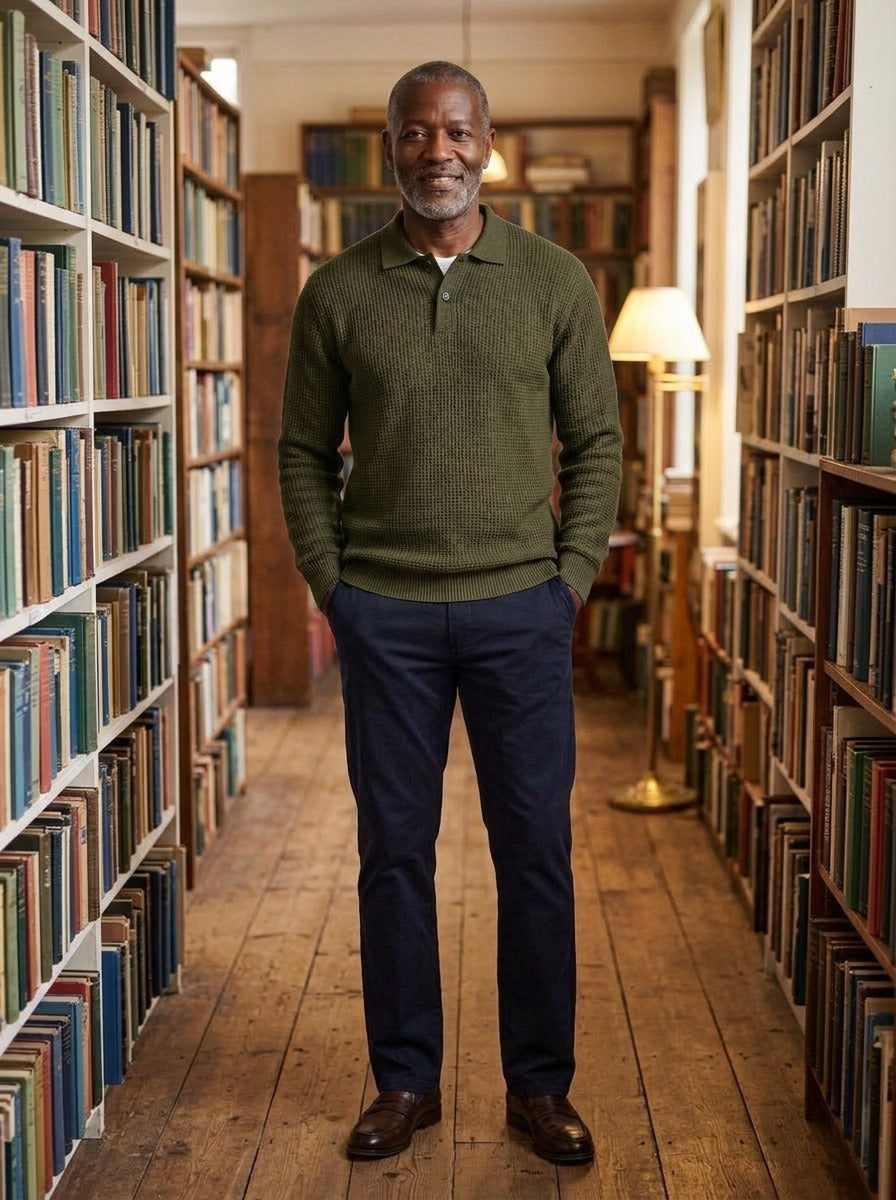 Morley waffle knit polo sweater in Olive, lifestyle in a secondhand bookshop, Gentlemens Manor