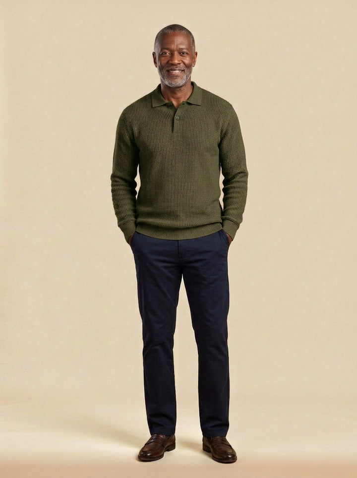 Morley waffle knit polo sweater in Olive, studio, Gentlemens Manor
