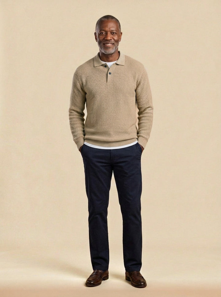 Morley waffle knit polo sweater in Sand, studio, Gentlemens Manor