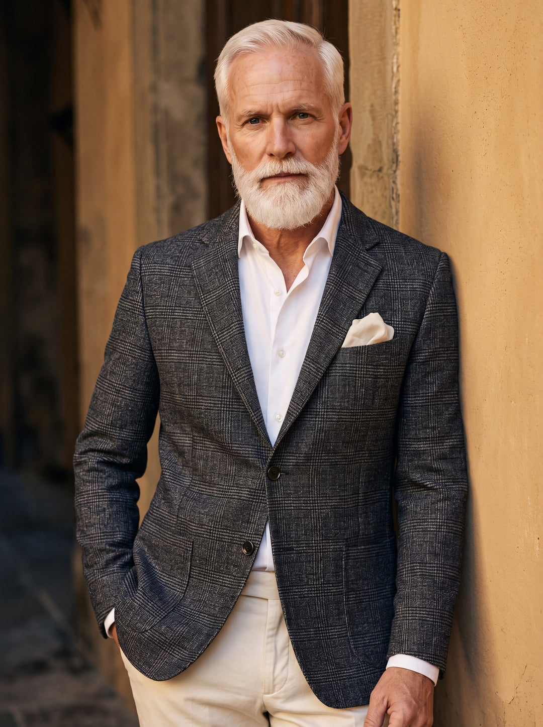 Morris blazer in Grey, worn by a model in a Mediterranean setting - Gentlemens Manor lifestyle
