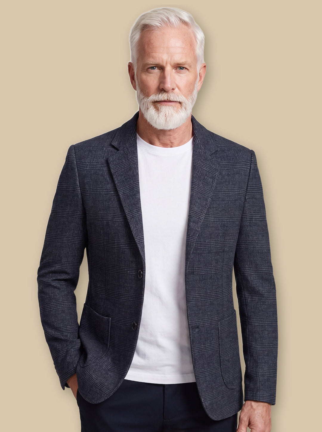 Morris blazer suit in Navy, worn by a model on a warm sand studio background - Gentlemens Manor