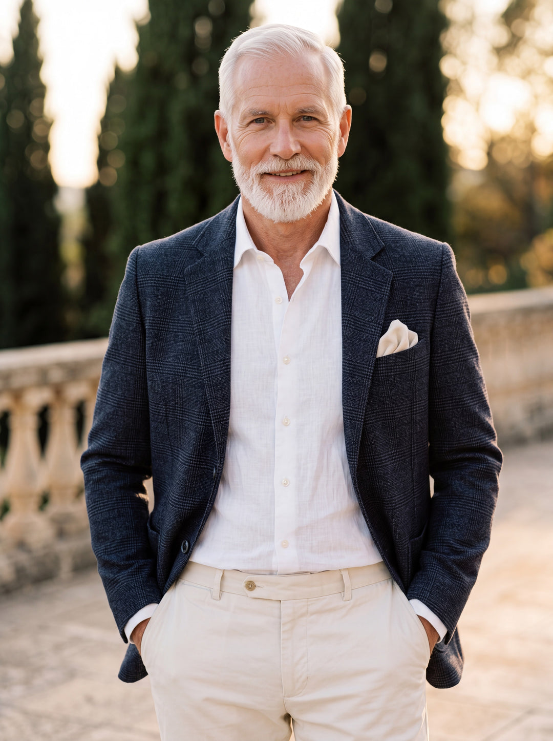 Morris blazer in Navy, worn by a model in a Mediterranean setting - Gentlemens Manor lifestyle