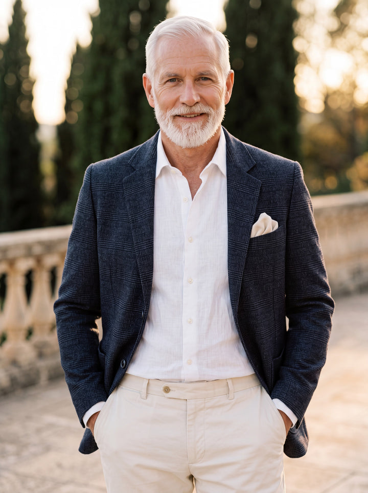 Morris blazer in Navy, worn by a model in a Mediterranean setting - Gentlemens Manor lifestyle