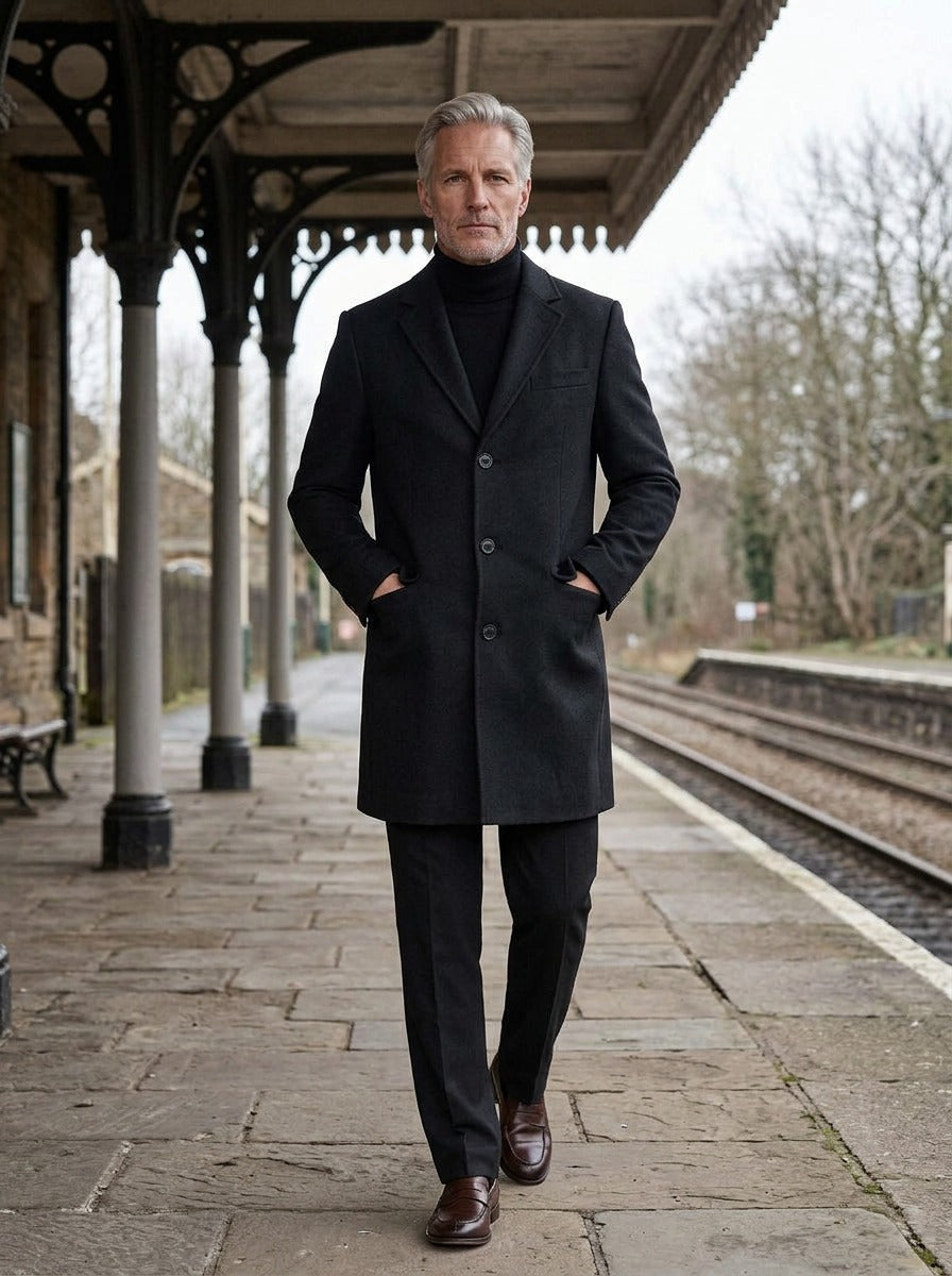 Morrison single breasted overcoat in Black, lifestyle on a railway platform, Gentlemens Manor