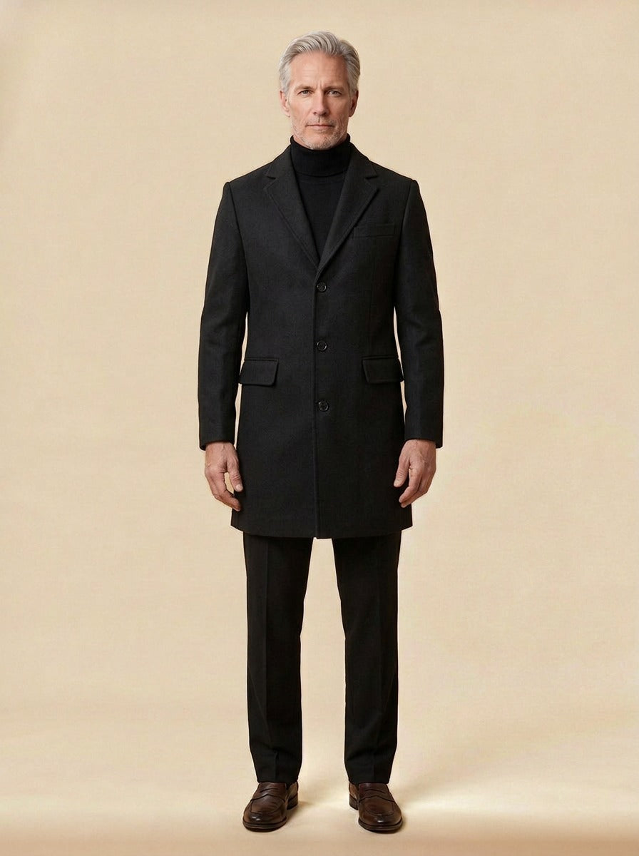 Morrison single breasted overcoat in Black, studio, Gentlemens Manor