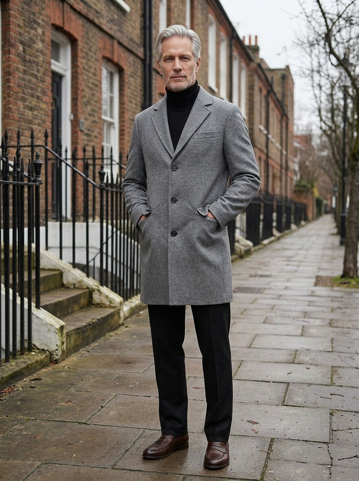 Morrison single breasted overcoat in Grey, lifestyle on a street of brick row houses, Gentlemens Manor