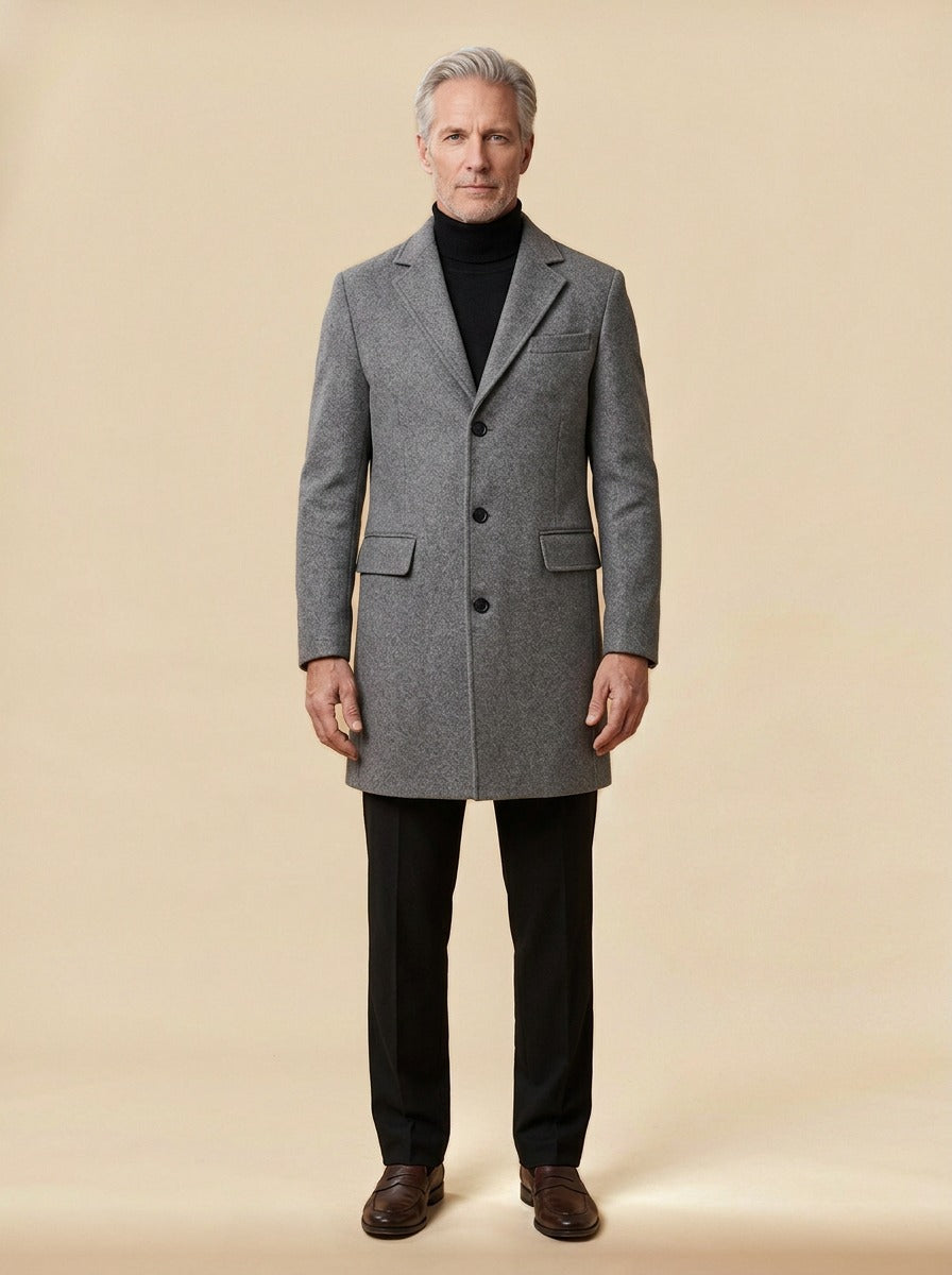 Morrison single breasted overcoat in Grey, studio, Gentlemens Manor