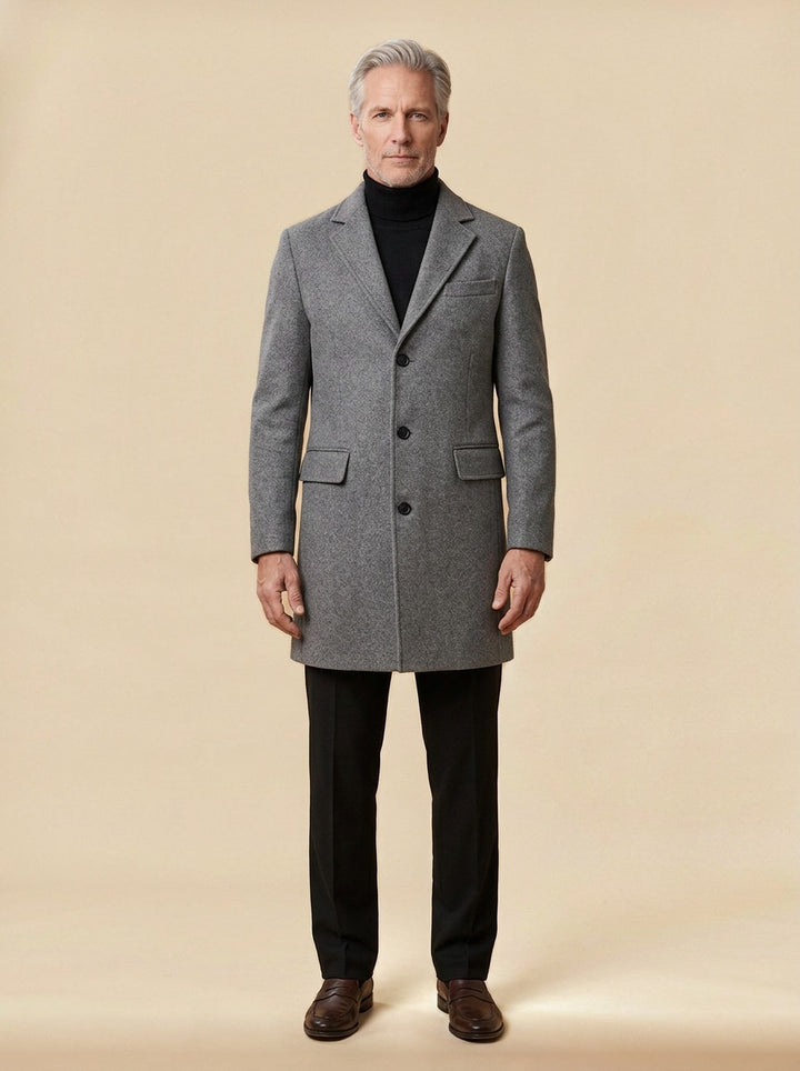 Morrison single breasted overcoat in Grey, studio, Gentlemens Manor