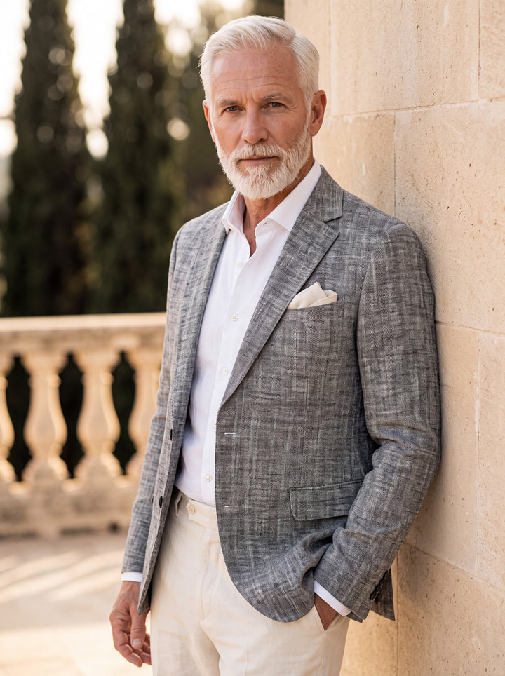 Mortimer blazer in Grey, worn by a model in a Mediterranean setting - Gentlemens Manor lifestyle