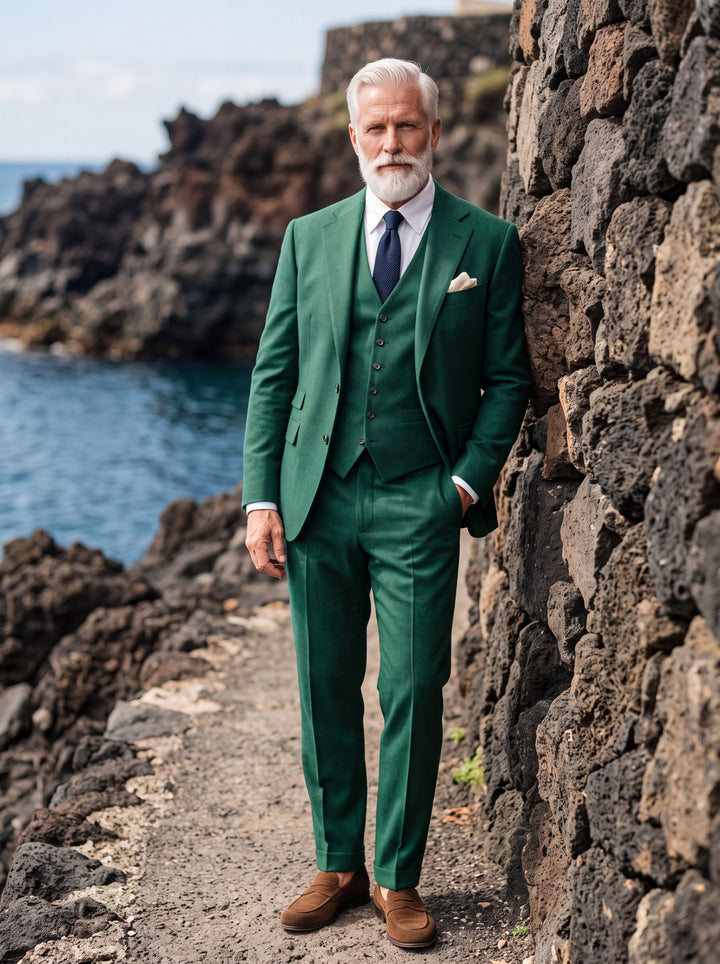 Morton Men three-piece suit in green, worn by a model in a Mediterranean setting - Gentlemens Manor lifestyle