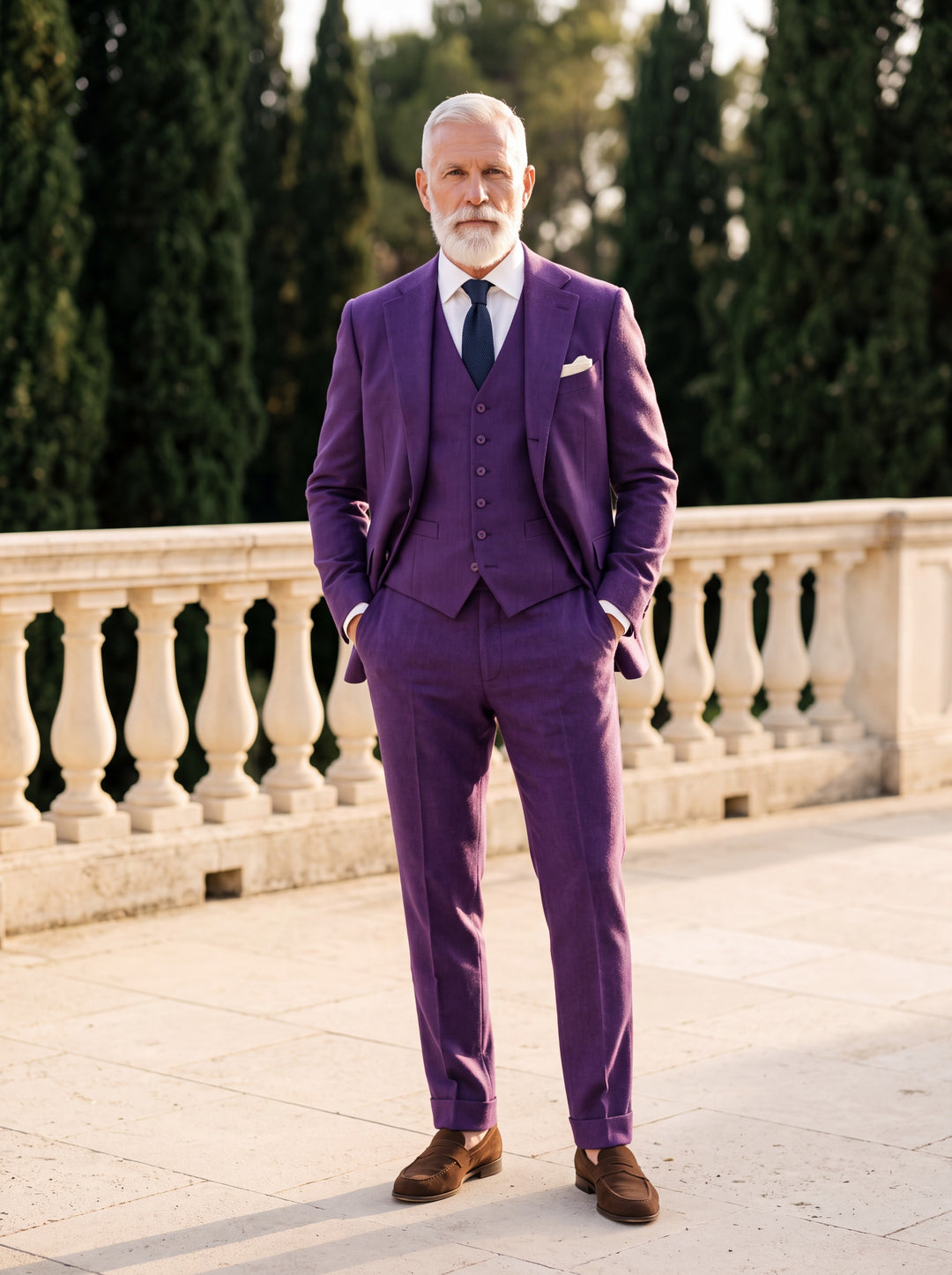 Morton Men three-piece suit in purple, worn by a model in a Mediterranean setting - Gentlemens Manor lifestyle
