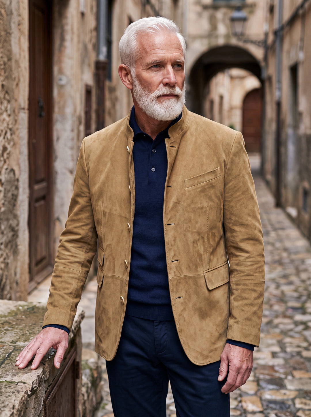 Morton jacket in Sand, worn by a model in a Mediterranean setting - Gentlemens Manor lifestyle