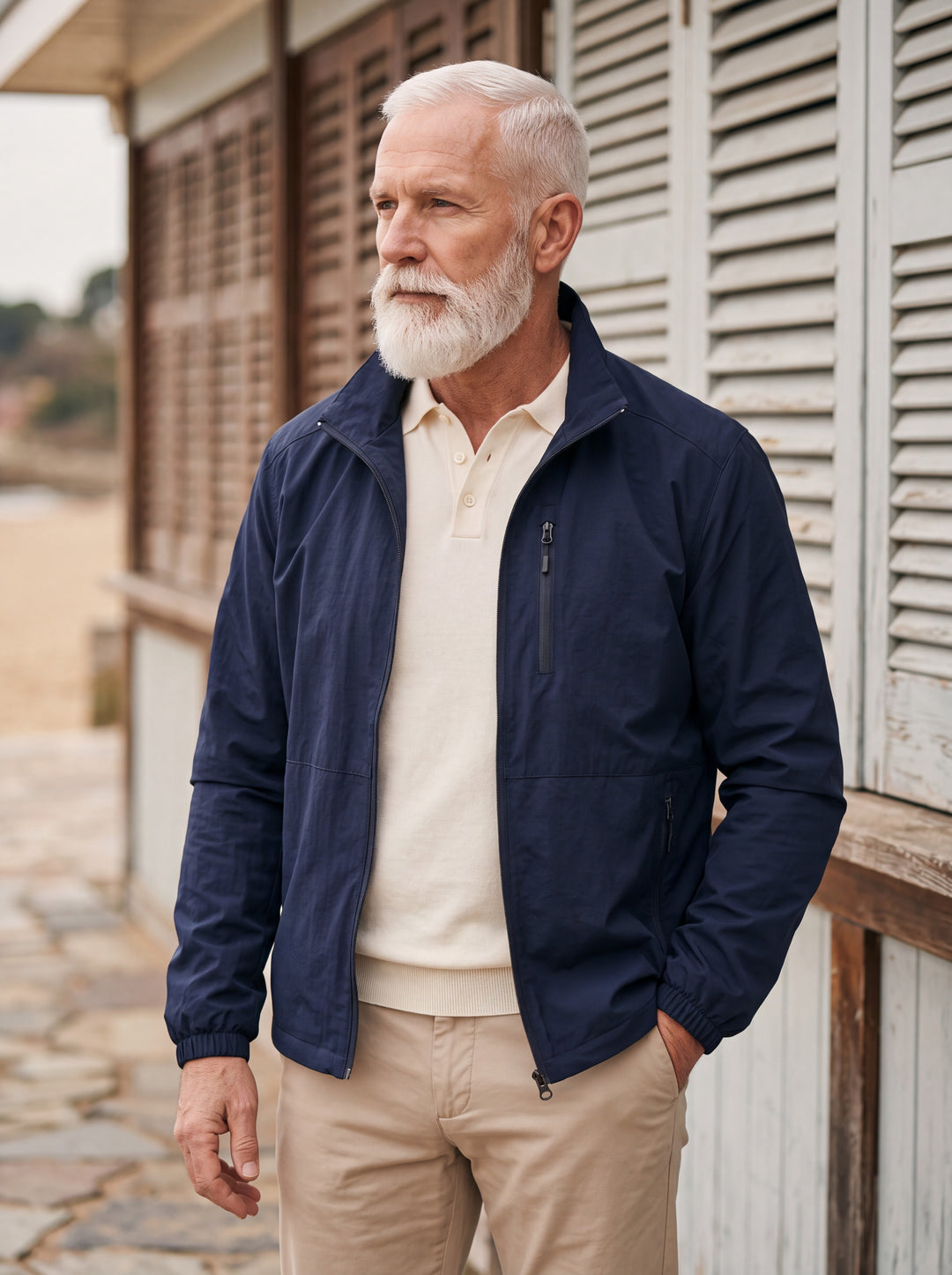 Moses jacket in Blue, worn by a model in a Mediterranean setting - Gentlemens Manor lifestyle